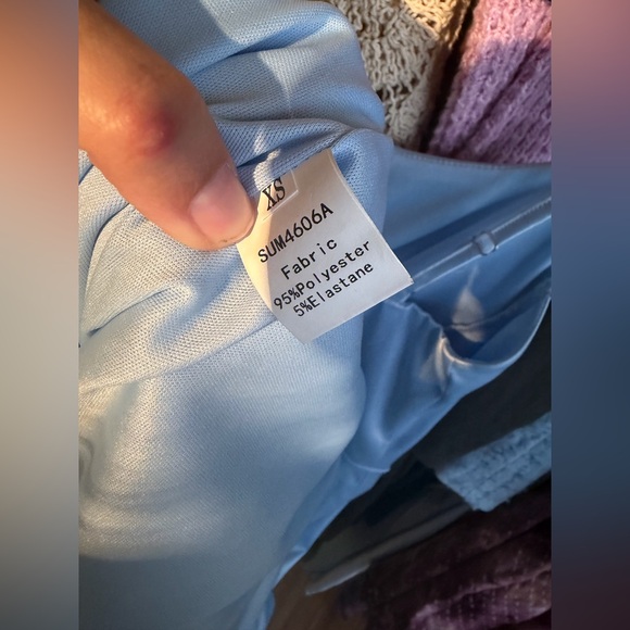 Up and Down Blue Satin Midi Dress Side Slit - Picture 5 of 6